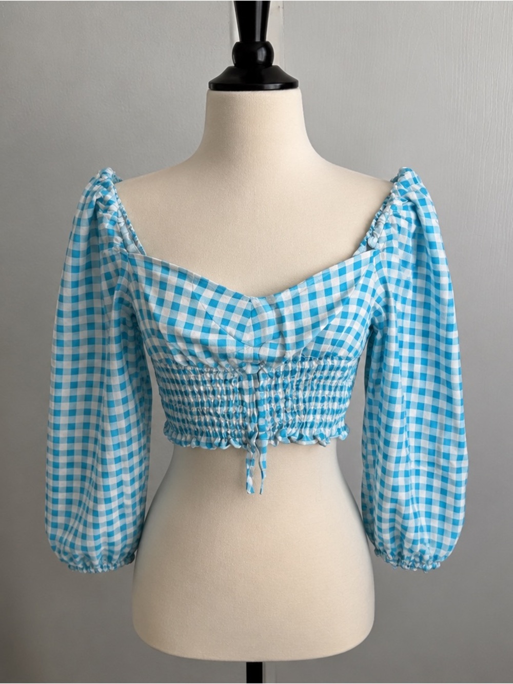 Zara Blue White Gingham Puff Sleeve Smocked Crop Top Cottagecore Small